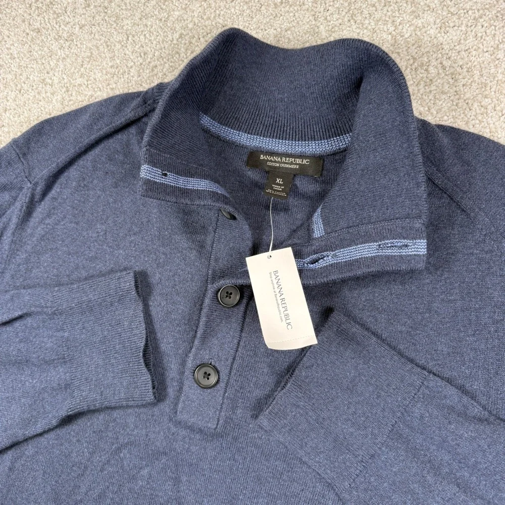 NEW Banana Republic Sweater Mens XL Blue Cotton Cashmere Button Mock Neck